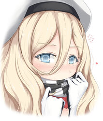  beret blonde_hair blue_eyes close-up commentary_request covering_own_mouth female flying_sweatdrops gloves hair_between_eyes hat heart highres kantai_collection long_hair mole mole_under_eye richelieu_(kancolle) scarf simple_background solo upper_body white_background white_gloves white_hat yakuto007 