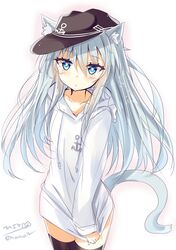  alternate_costume anchor_symbol animal_ears black_thighhighs blue_eyes blush cat_ears cat_tail female flat_cap grey_hair hair_between_eyes hair_ornament hat hibiki_(kancolle) highres hizaka hood hoodie hoodie_tug kantai_collection kemonomimi_mode long_hair long_sleeves looking_at_viewer one-hour_drawing_challenge simple_background solo tail thighhighs twitter_username white_background white_hoodie 