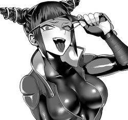  breasts commentary_request cone_hair_bun double_bun eye_(mememem) eyepatch eyepatch_lift fangs female fingerless_gloves gloves greyscale hair_bun impossible_clothes impossible_shirt juri_han large_breasts monochrome open_mouth shirt sidelocks smile solo street_fighter street_fighter_v tongue tongue_out turtleneck upper_body zipper 