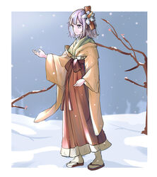  bob_cut border branch class_mate closed_mouth female flip-flops flower full_body hair_flower hair_ornament hieda_no_akyuu japanese_clothes kimono long_sleeves orange_kimono outdoors purple_eyes purple_hair sandals short_hair smile snow snowing solo standing touhou white_border white_flower white_legwear 