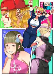  1boy 5girls absurdres alex_(street_fighter) backwards_hat black_hair blonde_hair blue_eyes blue_hair blunt_bangs breasts commentary_request crocs crop_top domino_mask double_bun double_v eye_(mememem) eyes_visible_through_hair facial_mark falke_(street_fighter) frown grin hair_bun hair_over_one_eye halterneck hat headband highres juri_han large_breasts mask medium_breasts multiple_girls official_alternate_costume pink_headband rainbow_mika red_eyes smile street_fighter street_fighter_v track_suit translation_request v wristband 