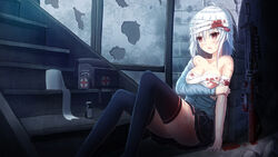  ahoge ass assault_rifle bandaged_arm bandaged_head bandages bare_shoulders black_skirt black_thighhighs blood blood_on_face blood_on_weapon blue_shirt breasts brick_wall cleavage collarbone commentary commission english_commentary feet_out_of_frame female first_aid_kit grenade_launcher gun hair_between_eyes long_hair long_sleeves m16 m16a4 m203 medium_breasts original parted_lips pleated_skirt prophosphere red_eyes rifle shirt sitting skirt solo stairs thighhighs underbarrel_grenade_launcher weapon weapon_request white_hair 