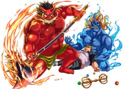  3boys alpha_transparency amamiya_(ammami8) axe bara black_hair black_sclera blue_skin colored_sclera colored_skin fallen_down fire gouki_(housamo) horns loincloth long_sideburns male_focus multiple_boys muscular muscular_male official_art oni oni_horns open_mouth red_skin short_hair sideburns thick_eyebrows third-party_source tohno_motosumi tokyo_afterschool_summoners transparent_background vajra_(object) water yellow_eyes zenki_(housamo) 