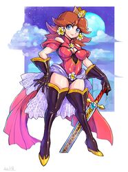  alternate_costume black_gloves blue_eyes breasts brown_hair covered_navel earrings female flower_earrings gloves highres holding holding_sword holding_weapon jewelry large_breasts looking_at_viewer mario_(series) medium_hair oomasa_teikoku princess_daisy solo sword weapon 