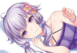  ahoge bare_shoulders bracelet breasts closed_mouth commentary_request criss-cross_halter dress female flower hair_flower hair_ornament halter_dress halterneck highres jewelry kogara_(frenzied_kotori) lying on_side photoshop_(medium) pillow pink_flower purple_dress purple_eyes purple_hair purple_ribbon ribbon short_hair_with_long_locks sidelocks sleeveless sleeveless_dress small_breasts smile solo upper_body vocaloid voiceroid yuzuki_yukari 