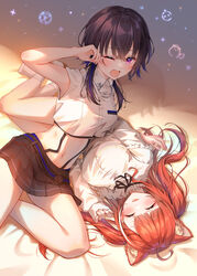  2girls arm_up armpits bare_arms bare_legs bare_shoulders black_hair black_skirt breasts closed_eyes collared_shirt crop_top highres ichinose_uruha ichinose_uruha_(4th_costume) long_hair long_sleeves looking_at_viewer lupinus_virtual_games lying medium_breasts midriff miniskirt multicolored_hair multiple_girls navel nijisanji on_back one_eye_closed open_mouth pleated_skirt purple_eyes ratna_petit ratna_petit_(4th_costume) red_hair shirt short_hair_with_long_locks skirt sleeveless sleeveless_shirt stomach streaked_hair suspenders thighs toki_(toki_ship8) virtual_youtuber vspo! white_shirt 