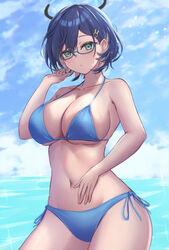  absurdres alternate_costume aqua-framed_eyewear bare_arms bare_shoulders bikini blue_archive blue_bikini blue_hair blush breasts chihiro_(blue_archive) cleavage closed_mouth collarbone commentary female glasses green_eyes hair_ornament halo halterneck hand_in_own_hair hand_on_own_stomach highres large_breasts looking_at_viewer navel neko_punch_(user_hddm3373) outdoors rabbit_hair_ornament semi-rimless_eyewear short_hair side-tie_bikini_bottom sideboob solo stomach swimsuit under-rim_eyewear underboob 