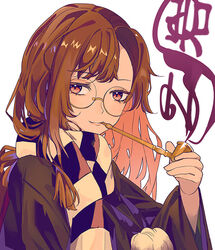  brown_eyes brown_hair class_mate closed_mouth female futatsuiwa_mamizou futatsuiwa_mamizou_(human) glasses green_kimono holding japanese_clothes kimono kiseru long_hair long_sleeves looking_at_viewer raccoon_girl raccoon_tail simple_background smile smoke smoking smoking_pipe solo tail touhou white_background 