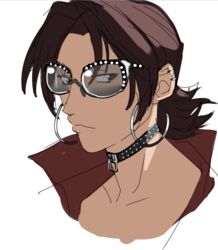  black_choker brown_eyes brown_hair choker colored_sketch cowboy_bebop ear_piercing earrings electra_ovilo glasses hivethebastard hoop_earrings shirt_collar sketch white_background 