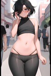  1boy ai_generated black_fur blush bulge date femboy feminine_male gay hand_on_head hi_res highres leggings looking_at_viewer male navel nixer nixer_(ai) original otoko_no_ko outdoors people_in_background pov street tagme tomgirl trap virtual_youtuber vtuber yaoi 