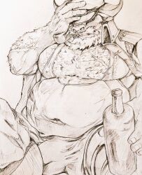  1boy 8yeriwyaky37467 ahab_(housamo) animal_ears bara beard big_belly bottle bulge commentary_request covered_navel covered_nipples cow_ears cow_horns cowboy_shot facial_hair fat fat_man full_beard furry furry_male graphite_(medium) hat_over_one_eye holding holding_bottle horns huge_pectorals looking_at_viewer male_focus mature_male minotaur muscular muscular_male old old_man pectoral_cleavage pectorals scar solo thick_beard tokyo_afterschool_summoners traditional_media 