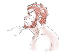  2boys abeu360 bara beard commentary_request facial_hair fate/zero fate_(series) from_side hand_on_another's_chin highres iskandar_(fate) korean_commentary male_focus mature_male multiple_boys muscular muscular_male muscular_uke profile red_eyes saliva short_hair spot_color sweat thick_eyebrows yaoi 