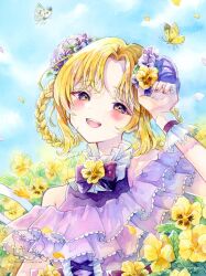  absurdres blonde_hair blue_sky blush bow bowtie braid braided_hair_rings bug bun_cover butterfly commentary_request curtained_hair day female flower hair_rings halterneck hayamasora highres open_mouth original outdoors painting_(medium) pansy parted_bangs purple_bow purple_bowtie purple_shirt shirt sky sleeveless sleeveless_shirt smile solo spring_(season) traditional_media upper_body watercolor_(medium) watermark wrist_cuffs yellow_eyes yellow_flower 
