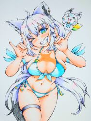  ahoge animal_ear_piercing animal_ears arm_ribbon beniton bikini blue_bikini blue_eyes blue_nails blush braid commentary double-parted_bangs double_fox_shadow_puppet female fox_ears fox_girl fox_shadow_puppet fox_tail front-tie_bikini_top front-tie_top gesoten_oec grin hair_ribbon highres hololive linea_alba long_hair low_ponytail marker_(medium) multicolored_hair nail_polish navel ponytail ribbon shirakami_fubuki side-tie_bikini_bottom sidelocks single_braided_sidelock skindentation smile solo stomach sukonbu_(shirakami_fubuki) swimsuit tail tokoyami_towa traditional_media two-tone_hair virtual_youtuber white_hair 