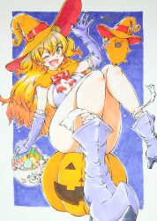  ;d absurdres bandaged_leg bandages beniton blonde_hair blush bow bowtie breasts capelet cleavage_cutout clothing_cutout commentary_request double_bun elbow_gloves gloves green_eyes hair_bun halloween halloween_bucket halloween_costume hand_on_headwear hat highres hololive jack-o'-lantern large_breasts leotard long_hair marker_(medium) momosuzu_nene momosuzu_nene_(seal) nekko_(momosuzu_nene) oerba_yun_fang on_pumpkin one_eye_closed open_mouth orange_capelet pointy_boots purple_gloves red_bow red_bowtie side_up_bun smile tokoyami_towa traditional_media two_side_up v-shaped_eyebrows virtual_youtuber witch_hat 