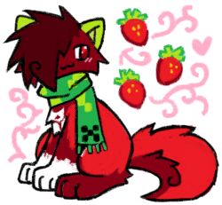  :3 ambiguous_gender blush blush_lines countershading creeper dethtwink domestic_cat felid feline felis feral food fruit glistening glistening_eyes heart_symbol mammal pattern_background plant scarf simple_background sitting solo sparklefur strawberry 