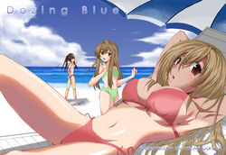  3girls ahoge arms_up beach bikini black_hair breasts brown_eyes brown_hair commentary_request day large_breasts long_hair lying minami-ke minami_chiaki minami_haruka minami_kana multiple_girls outdoors photoshop_(medium) siblings sisters swimsuit twintails umbrella yuki_mizore 