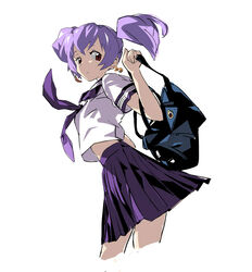  cropped_legs earrings female jewelry magomago multicolored_hair purple_hair red_eyes school_uniform short_twintails skirt solo standing top_wo_nerae_2! twintails two-tone_hair tycho_science 