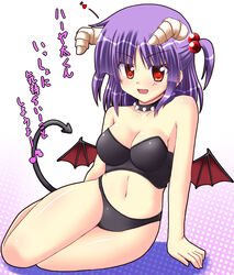  :d bat_wings bikini black_bikini black_collar blush breasts cleavage collar commentary_request demon_girl demon_horns demon_tail fangs female hayate_no_gotoku! heart highres horns lask looking_at_viewer medium_breasts navel oerba_yun_fang open_mouth purple_hair red_eyes segawa_izumi short_hair sitting smile solo spiked_collar spikes stomach swimsuit tail translation_request wings yokozuwari 