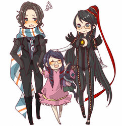  1boy 2girls bayonetta bayonetta_(series) bayonetta_1 black_hair bodysuit braid brown_hair cereza closed_eyes commentary_request dress glasses gloves hair_ribbon holding lolicon long_hair luka_redgrave multiple_girls niwako ribbon ribbon_braid scarf squiggle striped_clothes striped_scarf 