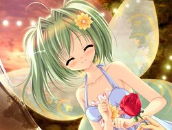  ^_^ ahoge bare_arms blush closed_eyes collarbone dress dutch_angle facing_viewer fairy_wings female flower game_cg green_hair hair_flower hair_intakes hair_ornament lia_berlioz prism_rhythm red_flower red_rose rose short_hair sleeveless sleeveless_dress smile solo_focus tanihara_natsuki twintails upper_body wings 