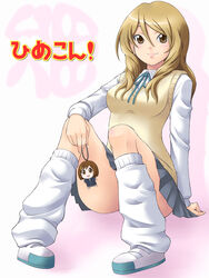  brown_eyes brown_hair cellphone_charm charm_(object) commentary_request convenient_leg extra female gyaru highres hirasawa_yui k-on! kogal long_hair loose_socks sakuragaoka_high_school_uniform school_uniform shoes socks solo sweater_vest tachibana_himeko uwabaki yaso_shigeru 