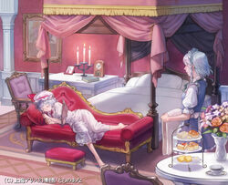  2girls armchair barefoot bat_wings bed bedroom book braid candelabra candlestand canopy_bed carpet chair clock closed_eyes commentary_request couch cup esukee flower food footstool hat indoors izayoi_sakuya light_purple_hair maid maid_headdress multiple_girls pastry photo_(object) ramekin remilia_scarlet short_hair sleeping smile teacup tiered_tray touhou twin_braids vase white_hair wings 