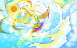  commentary_request hakugin23 highres no_humans photoshop_(medium) pikachu pokemon pokemon_(creature) pokemon_move sun sunlight surf_(pokemon) surfboard surfing surfing_pikachu 