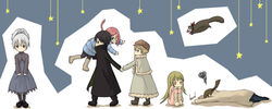  2boys 4girls amber_(darker_than_black) animal blonde_hair blue_eyes boots braid brown_eyes coat commentary_request darker_than_black dress flying_squirrel glasses green_eyes grey_hair hands_on_own_knees hat hei_(darker_than_black) holding_hands july_(darker_than_black) kirihara_misaki long_hair looking_back lying mary_janes multiple_boys multiple_girls on_stomach orange_eyes pantyhose petya_(darker_than_black) ponytail red_eyes red_hair shoes sitting squirrel standing star_(symbol) suou_pavlichenko tamaki_iori tears yin_(darker_than_black) 