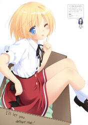  1boy :p absurdres blonde_hair blue_eyes blush box cardboard_box chibi english_text for_adoption highres in_box in_container kani_biimu kneehighs male_focus mayoi_neko_overrun! one_eye_closed otoko_no_ko school_uniform short_hair socks solo tongue tongue_out tsuzuki_otome white_socks 