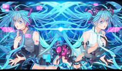  2girls aqua_eyes aqua_hair bad_id bad_pixiv_id belt breast_clinging breasts bridal_gauntlets detached_sleeves dual_persona elbow_gloves fingerless_gloves gloves hatsune_miku hatsune_miku_(append) headphones headset long_hair medium_breasts multiple_girls navel necktie skirt thighhighs twintails underboob very_long_hair vocaloid vocaloid_append yuuno_(yukioka) zettai_ryouiki 