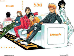  2girls 4boys asano_keigo bleach character_request couch headphones inoue_orihime kojima_mizuiro kubo_tite kuchiki_rukia kurosaki_ichigo multiple_boys multiple_girls orange_hair watermark 