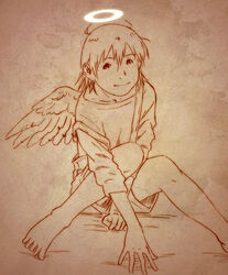  aaru_sentou_shuudan angel bad_link barefoot female haibane_renmei halo knees long_sleeves monochrome orange_theme rakka_(haibane) shirt short_hair shorts sitting solo static_cling wings 