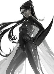  bayonetta bayonetta_(series) bayonetta_1 bodysuit commentary_request elf female glasses greyscale hand_on_own_hip highres kiyohisa long_hair monochrome pointy_ears solo 