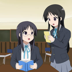  2girls akiyama_mio artistic_error black_eyes black_hair book commentary_request desk extra glasses k-on! long_hair multiple_girls qwer sakuragaoka_high_school_uniform school_desk school_uniform takahashi_fuuko 