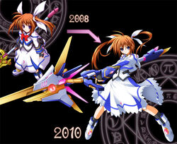  blue_eyes brown_hair commentary_request dual_persona female fingerless_gloves gloves hair_ribbon lyrical_nanoha magic_circle magical_girl mahou_shoujo_lyrical_nanoha mahou_shoujo_lyrical_nanoha_the_movie_1st nanairo_souga raising_heart ribbon staff takamachi_nanoha twintails weapon 