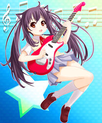  animal_ears black_hair brown_eyes cat_ears commentary_request ebi_tendon female guitar highres instrument k-on! long_hair nakano_azusa photoshop_(medium) sakuragaoka_high_school_uniform school_uniform solo twintails 