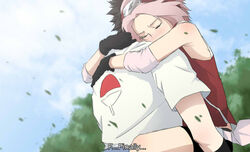  1boy arm_warmers arms_around_neck bad_source black_hair blue_sky closed_eyes cloud cloudy_sky couple danzilla day english_text fake_screenshot falling_leaves female forehead_protector hair_intakes hug konohagakure_symbol leaf naruto naruto_(series) naruto_shippuuden ninja outdoors pink_hair red_shirt sakura_haruno shirt short_hair short_sleeves sky sleeveless sleeveless_shirt straight subtitled tears tree uchiha_sasuke uchiha_symbol white_shirt 