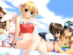  1boy 2girls all_fours bad_id bad_pixiv_id bikini bikini_under_clothes blonde_hair brown_eyes closed_eyes cloud day diving_mask feline goggles green_eyes grin hair_ornament highres light_smile midriff multiple_girls no_pants one-piece_swimsuit outdoors paper_man pool poolside rabbit school_swimsuit school_uniform serafuku short_hair smile star_(symbol) star_hair_ornament swimsuit swimsuit_under_clothes tankini twintails uya_(munyu) 