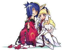  2girls ar_tonelico ar_tonelico_ii bad_id bad_pixiv_id blonde_hair blue_hair blush boots chains chroche_latel_pastalie collar detached_sleeves elbow_gloves folded_ponytail footwear_ribbon gloves hair_ornament kneeling kuma_jet long_hair luca_truelywaath multiple_girls purple_eyes short_hair surcoat tears thigh_boots thighhighs yellow_eyes 