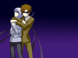  2boys accelerator_(toaru_majutsu_no_index) ao-mio bad_id bad_pixiv_id blindfold brown_hair etzali hug multiple_boys toaru_majutsu_no_index white_hair 