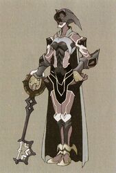  aqua_(kingdom_hearts) armor brown_background cape female full_body grey_cape hand_on_own_hip helmet holding keyblade kingdom_hearts kingdom_hearts_birth_by_sleep legs_together official_art rainfell simple_background solo standing stormfall 