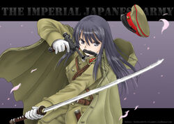  cape female gun guntou handgun hat imperial_japanese_army katana magazine_(weapon) may_(darkcore) military military_uniform mouth_hold nambu_type_14 original solo sword uniform weapon 