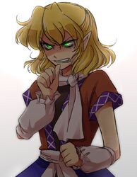  angry biting biting_own_thumb blonde_hair commentary_request female glowing glowing_eyes green_eyes hanjuku_tomato mizuhashi_parsee pointy_ears scarf short_hair solo touhou 