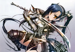  alternate_costume armor black_hair cosplay female gauntlets kan&#039;u_(koihime_musou) katagiri_hinata koihime_musou monster_hunter_(character) monster_hunter_(series) rathalos_(armor) silver_rathalos_(armor) simple_background solo source_request sword twintails weapon yellow_eyes 