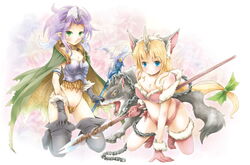  2girls angela_(seiken_densetsu_3) animal_ears bad_id bad_pixiv_id blonde_hair blue_eyes boots breasts cape chains cleavage earrings fenrir_knight gloves green_eyes horns jewelry kneeling long_hair low-tied_long_hair magus_(seiken_densetsu_3) medium_breasts michii_yuuki multiple_girls navel pointy_ears polearm purple_hair riesz seiken_densetsu seiken_densetsu_3 single_horn spear staff thigh_boots thighhighs weapon wolf wolf_ears 