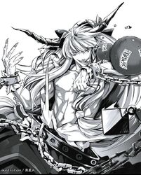  1boy chains genderswap_(ftm) greyscale horn_ornament horn_ribbon horns ibuki_suika imageboard_desourced kuroba.k long_hair male_focus manly monochrome muscular muscular_male non-web_source ribbon rule_63 solo touhou 