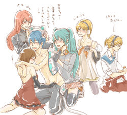  2boys 4girls aqua_eyes aqua_hair asymmetry_(module) bad_id bad_pixiv_id blonde_hair blue_eyes blue_hair blush brown_eyes brown_hair elbow_gloves gloves hard_rock_(module) hatsune_miku kagamine_len kagamine_rin kaito_(vocaloid) long_hair megurine_luka meiko_(vocaloid) multiple_boys multiple_girls neko_cyber_(module) osanpo_style_(module) pantyhose pink_hair project_diva_(series) project_diva_2nd saliva scarlet_(module) school_jersey_(module) short_hair skirt smile thighhighs translated twintails undressing vocaloid yuzuko 