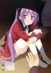  1boy absurdres blush chibi female hair_ribbon highres kani_biimu long_hair mayoi_neko_overrun! open_mouth purple_eyes purple_hair ribbon scan shoes thighhighs towano_kokoro translation_request tsuzuki_takumi uwabaki white_thighhighs 