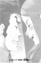  1934 1boy :d ^_^ baccano! close-up closed_eyes enami_katsumi female greyscale grin happy happy_tears highres isaac_dian long_hair miria_harvent monochrome open_mouth photoshop_(medium) profile scan smile teardrop tears teeth thick_eyebrows upper_body 